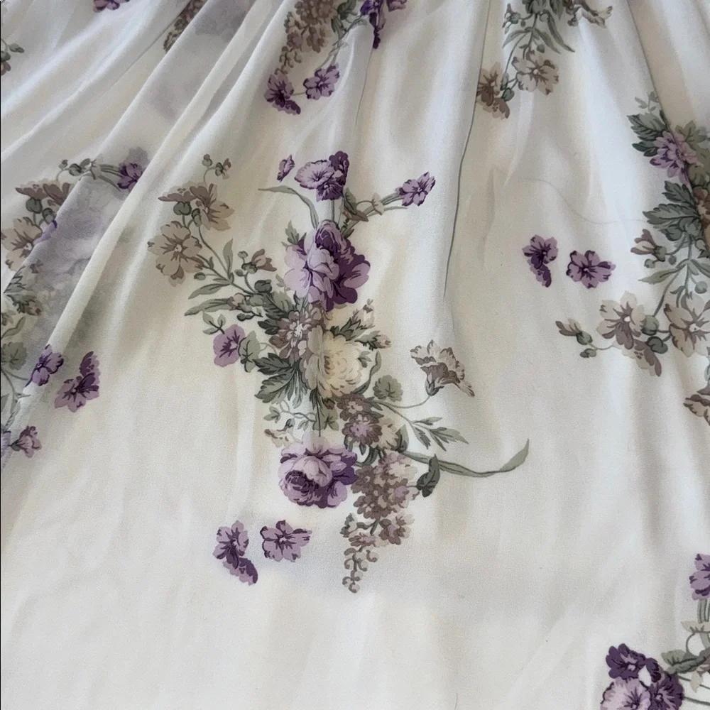 Torrid ivory and purple floral smocked chiffon off-the-shoulder dress - Picture 8 of 15